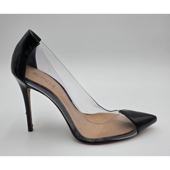 Schutz Cendi Black Patent Leather Transparent Vinyl Pointed Toe Pumps Size 9B - Picture 4 of 11